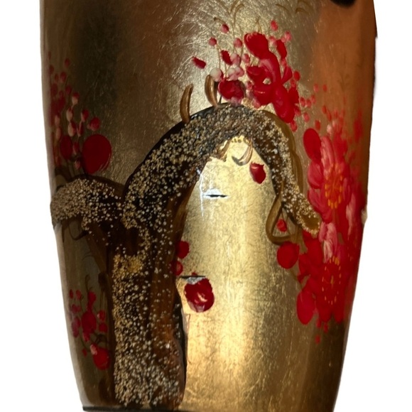 Asian LACQUERWARE Vase Gold w/Handpainted Red Flowers Black Hole 12" x 7" x 3" - Picture 10 of 10